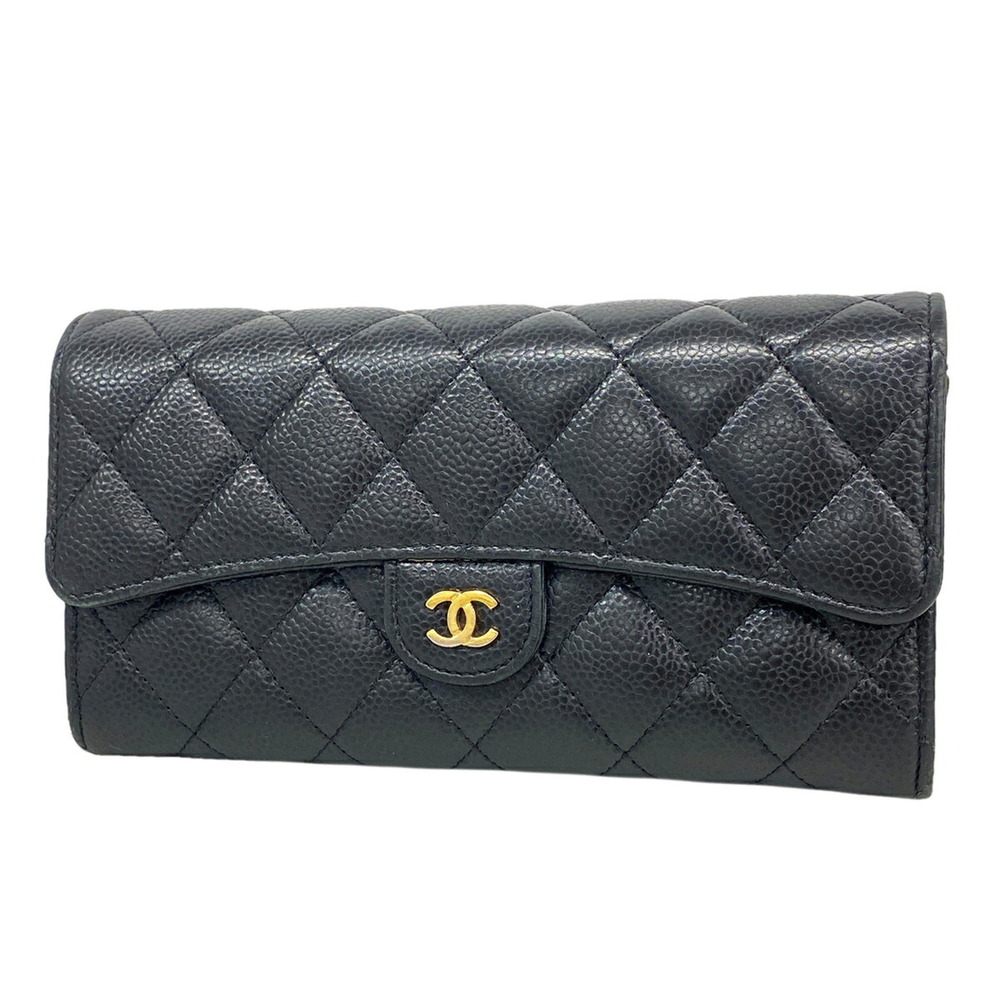 Chanel Matelassé Long Wallet, Caviar Leather, Black, Women's, OP021574